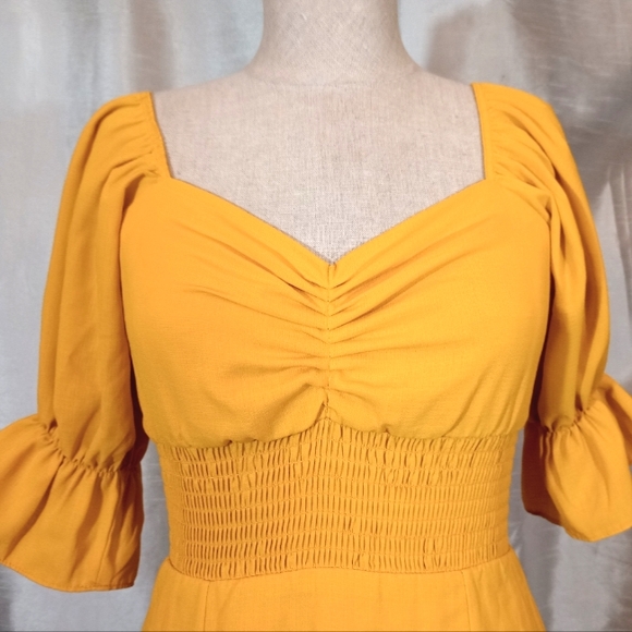 Rechic bohemian Vintage Short Dress, Yellow, Bell Sleeve,Zip, Pleated bust, S/ 2 - Picture 5 of 12